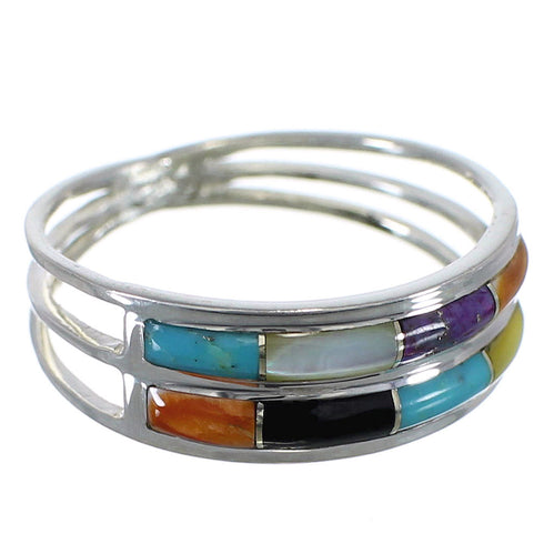 Southwest Genuine Sterling Silver Multicolor Inlay Ring Size 8-3/4 QX76041